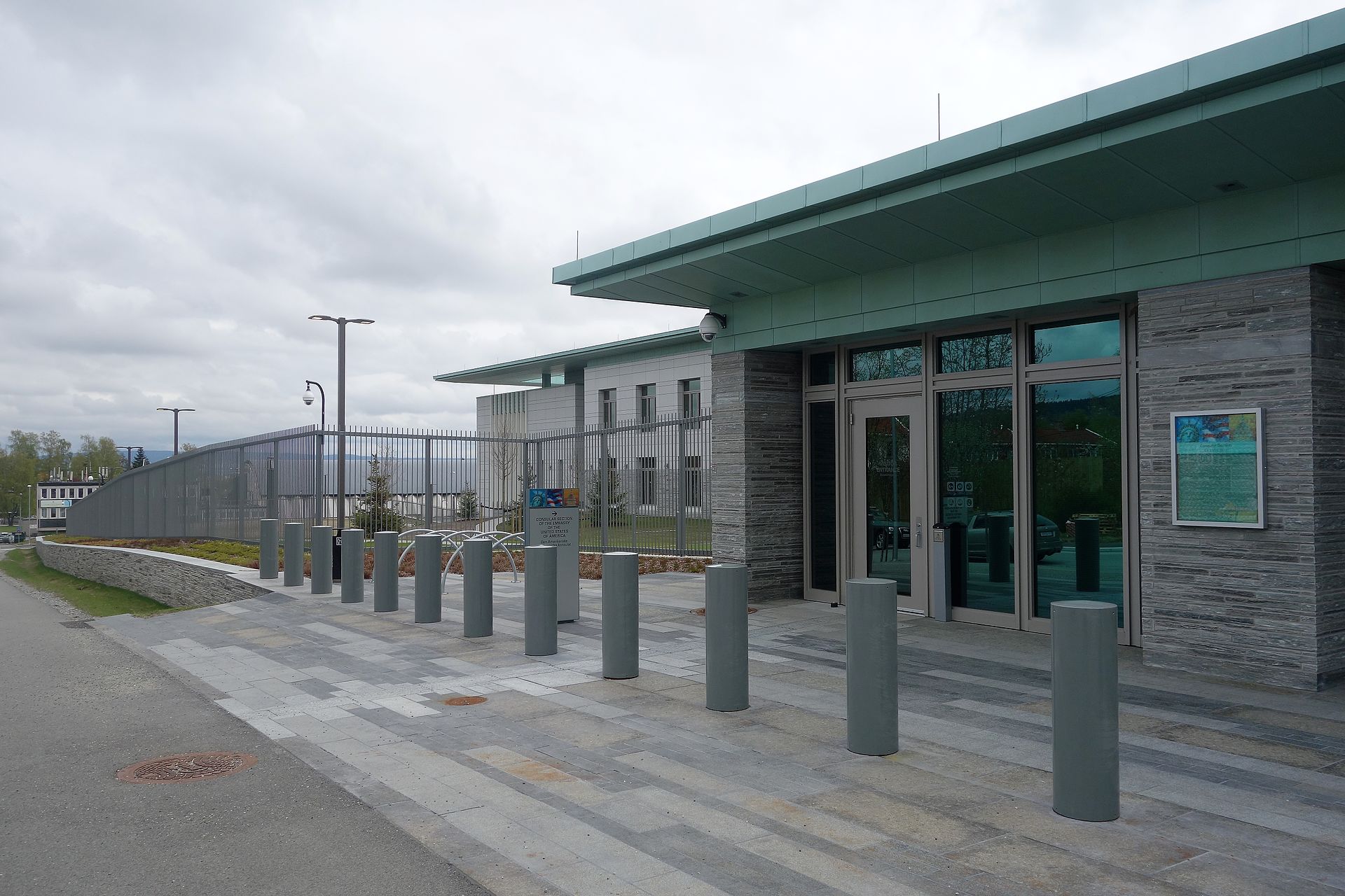 Consular section entrance of a U.S. Embassy, where visa interviews take place