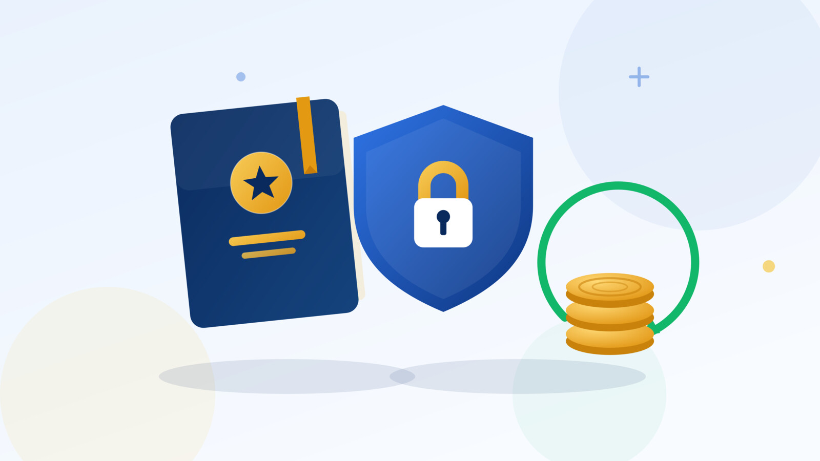 Illustration of a passport, a padlock shield and a coin stack with a refund arrow, representing a U.S. visa bond