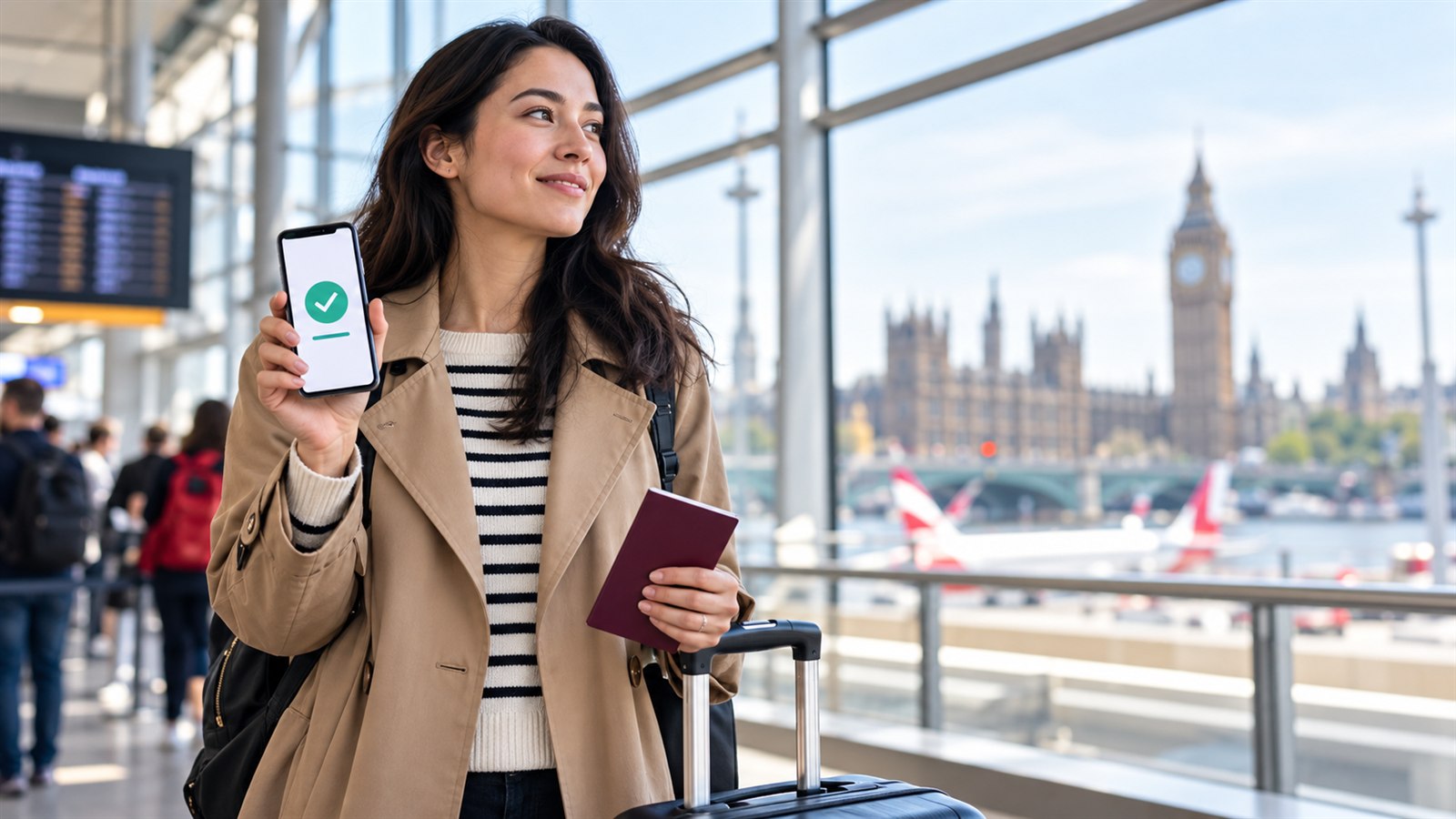 Traveler at an airport holding a passport and digital UK travel authorisation confirmation